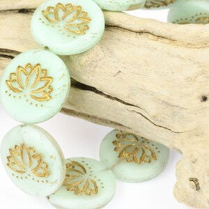 18mm Lotus Bead Czech Glass Coin Shaped Bead Matte Sea Green Silk with Gold Wash Meditation Beads for Zen Yoga Jewelry Making image 5