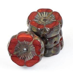 12mm Hibiscus Flower Beads Dark Red Opaline Mix with Picasso Finish Czech Glass Flower Beads for Spring Jewelry 183 image 2