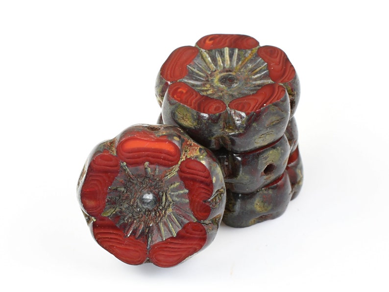 12mm Hibiscus Flower Beads Dark Red Opaline Mix with Picasso Finish Czech Glass Flower Beads for Spring Jewelry 183 image 2