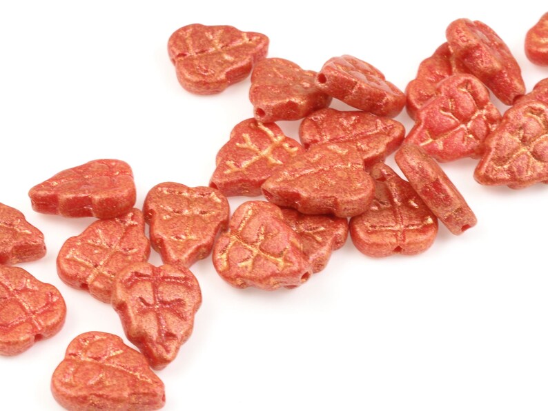 Red Leaf Beads 10mm x 8mm Czech Glass Beads Red Antique Shimmer Glass Leaves for Autumn Jewelry Fall Beads image 2