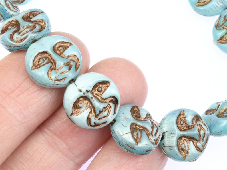 13mm Moon Face Beads Icy Blue Silk Opaque with Dark Bronze Wash Czech Glass Coin Beads by Ravens Journey Celestial Moon Beads 730 image 7