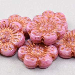 12 Rustic Dusty Rose Pink Flower Beads - 14mm Wild Rose Czech Glass Flower Beads - Pink Silk with Dark Copper Wash - by Raven&#39;s Journey #421