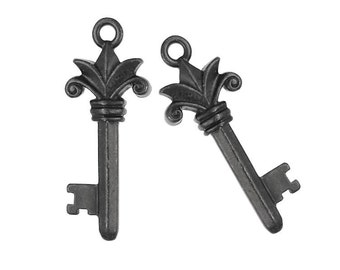 TierraCast FLEUR KEY Pendant - Black Oxide Gunmetal Pendant - Fleur de Lis Key Charms - Gun Metal Charm Steampunk (P944)