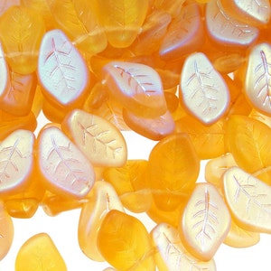 Topaz Leaf Beads 25 14mm x 9mm Czech Glass Leaves Warm Golden Amber AB Matte Frosted Iced Fall Beads Autumn Beads Golden Leaf Briolettes image 1