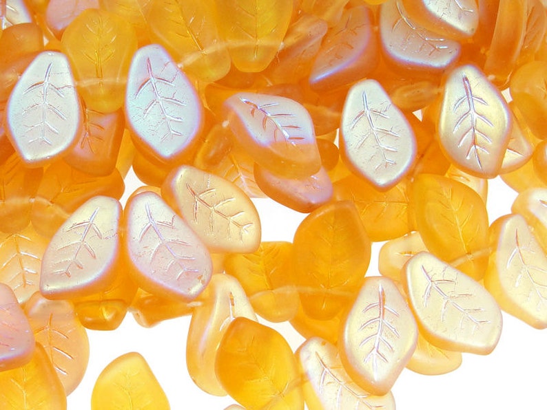 Topaz Leaf Beads 25 14mm x 9mm Czech Glass Leaves Warm Golden Amber AB Matte Frosted Iced Fall Beads Autumn Beads Golden Leaf Briolettes image 1