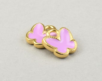 4+ Pieces of TINY 10mm ORCHID Enameled Butterfly Charms - Single Sided Gold Butterflies Little Small Zamak Charms by Passion Fashion  PF1123