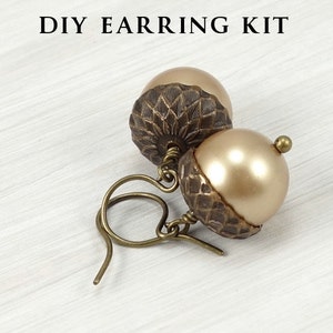DIY KIT Acorn Kit Earrings with Vintaj Natural Brass and Swarovski Crystal Pearls Autumn Jewelry Kit Fall Beaded Earrings Kit image 1