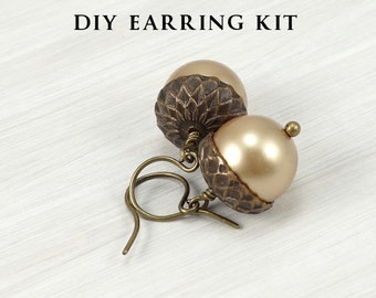 DIY KIT Acorn Kit Earrings with Vintaj Natural Brass and Swarovski Crystal Pearls Autumn Jewelry Kit Fall Beaded Earrings Kit