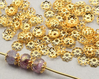 144 Pieces of TINY 4mm Bead Caps - GOLD Beadcap Findings - Small Shallow Bright Gold Plated Open Filigree Caps - FB341