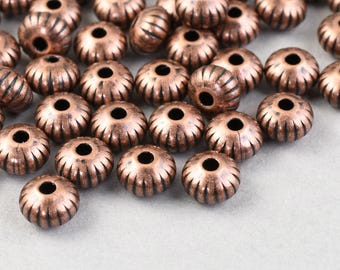 Cuentas redondas estriadas de 4,5 mm x 3 mm - Cuentas Heishi de cobre antiguo - Cuentas espaciadoras chapadas en cobre oscuro mate Cuentas de platillo ranuradas #FB161