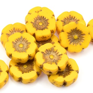 12mm Hibiscus Flower Beads Yellow Flower Beads Yellow Opaque with Dark Bronze Wash Czech Glass Flower Beads for Spring Jewelry 178 image 6