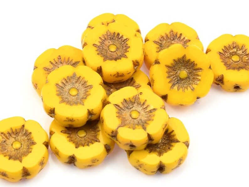 12mm Hibiscus Flower Beads Yellow Flower Beads Yellow Opaque with Dark Bronze Wash Czech Glass Flower Beads for Spring Jewelry 178 image 6