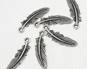 Silver Feather Charms - TierraCast Antique Silver Charms - 23mm x 7mm Small Silver Feathers Tribal Native American Charm Bird Feather (P211)