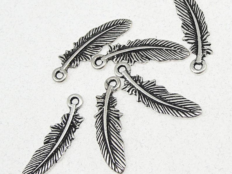 Silver Feather Charms TierraCast Antique Silver Charms 23mm x 7mm Small Silver Feathers Tribal Native American Charm Bird Feather P211 image 1