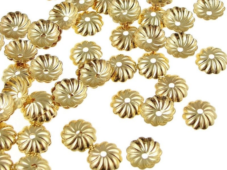 72 Gold Bead Caps 7mm Plated Gold Beadcaps 7mm Pleated Dome Caps Gold Plated Metal Beads FS100 image 1