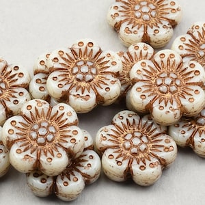 12 Flower Beads - 14mm Wild Rose Czech Glass Flower Beads - Ivory Opaque with Dark Bronze Wash  #385