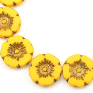 12mm Hibiscus Flower Beads Yellow Flower Beads Yellow Opaque with Dark Bronze Wash Czech Glass Flower Beads for Spring Jewelry 178 image 4