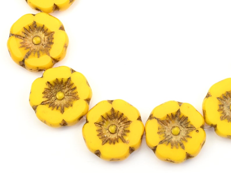 12mm Hibiscus Flower Beads Yellow Flower Beads Yellow Opaque with Dark Bronze Wash Czech Glass Flower Beads for Spring Jewelry 178 image 4