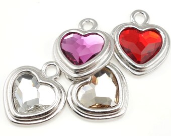 Crystal Heart Charms Silver Charms Custom Color Choice Fuchsia Pink Heart Red Heart Clear Crystal Heart TierraCast Stepped Heart Pendant