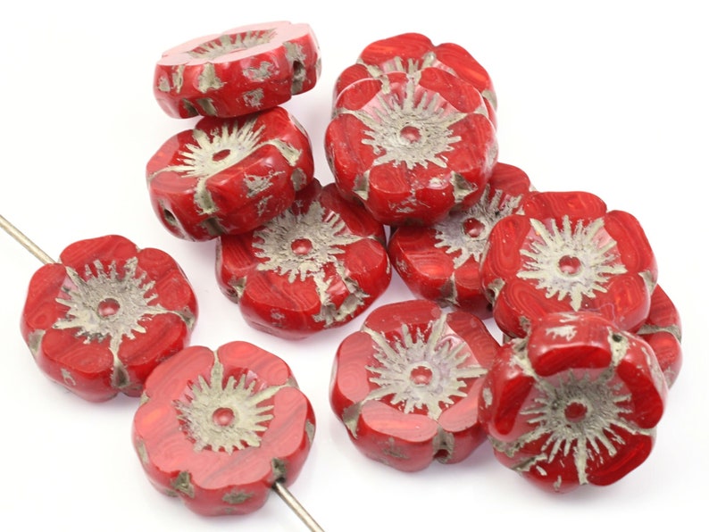 12mm Hibiscus Flower Beads Bright Red Opaline Mix with Light Grey Wash Czech Glass Flower Beads for Spring Jewelry 177 image 1