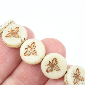 12mm Pressed Glass Honey Bee Beads Coin Shaped Ivory Opaque with Dark Bronze Wash Czech Glass Beads by Ravens Journey 954 image 4