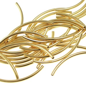36 Gold Noodle Beads Gold Plated Tube Beads 2mm x 38mm with 1mm Internal Diameter Curved Tube Beads Gold Tubes Metal Beads (FS52)