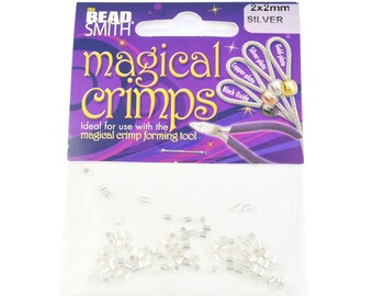 May include: A bag of silver 2x2mm crimp beads. The bag is labeled "The Bead Smith" and "magical crimps".