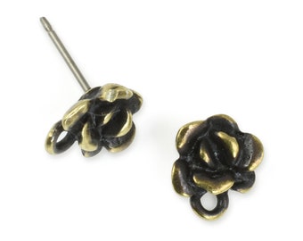 Antique Brass Succulent Post Earring Findings Bronze - TierraCast Succulent Ear Findings Studs for Plant Jewelry - Succulent Lovers (P1974)