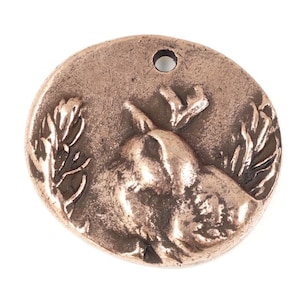 May include: A round, copper-colored pendant with a raised design of a pear with leaves. The pendant has a hole at the top for hanging.