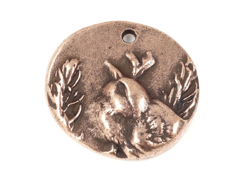 May include: A round, copper-colored pendant with a raised design of a pear with leaves. The pendant has a hole at the top for hanging.