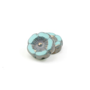 12mm Hibiscus Flower Beads Light Turquoise Blue Green Silk with Bronze Finish Flower Beads Flat Czech Glass Flower Beads 810 image 3