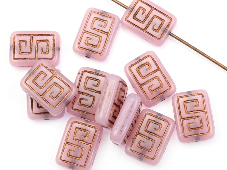 12 Pieces 13mm x 9mm Greek Key Rectangle Czech Glass Beads Pink Opaline with Dark Bronze Wash Light Pink Beads for Jewelry Making 186 image 1
