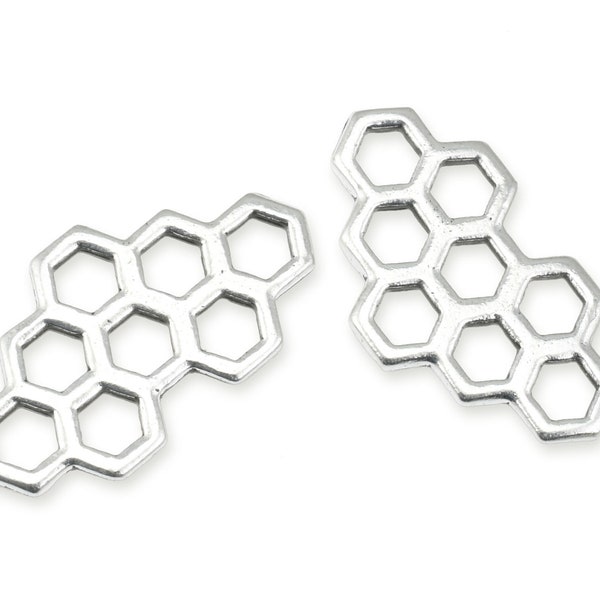 TierraCast Honeycomb Charms Silver Jewelry Charms - Antique Silver Charms of Bee Honey Combs - Link Connectors for Jewelry Making (P1979)