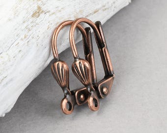 Shell Design Leverback Earrings - ANTIQUE COPPER Lever Back Ear Findings - Matte Dark Copper Plated Ocean Theme Ear Hooks   #FB742