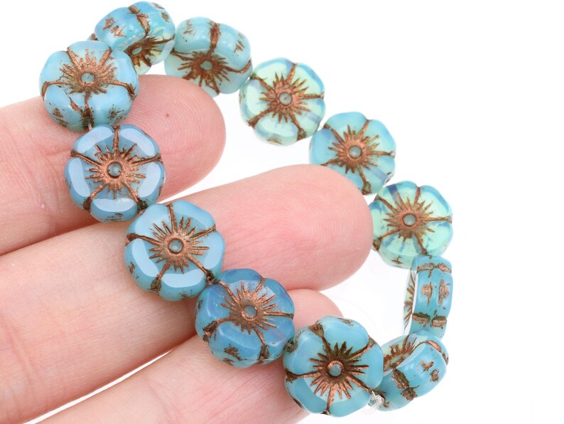 12mm Hibiscus Flower Beads Aqua Silk with Dark Bronze Wash Blue Flower Beads Flat Czech Glass Flower Beads for Spring Jewelry 957 image 8