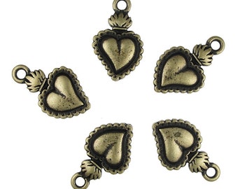 Antique Brass Charms TierraCast HEART MILAGRO Drops Brass Oxide Bronze Charms Viva Mexicana Heart Charms Jewelry Pendant Sacred Heart (PA26)