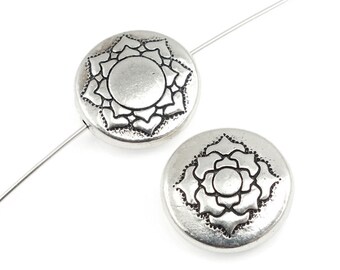 Silver Beads TierraCast Antique Silver Lotus Beads - Puffed Beads 14mm Diameter for Meditation and Yoga Jewelry - 2 or more pieces (P2479)