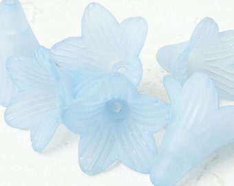 6 LIGHT SAPPHIRE BLUE Flower Beads Lucite Flower Bead Frosted 21mm x 23mm Large Trumpet Flower Tiger Lily Cone Beads Pale Light Blue Pastel