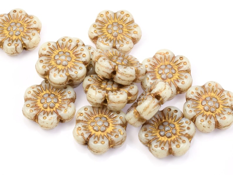 12 Flower Beads 14mm Wild Rose Czech Glass Flower Beads Bone & Gold Beads Ivory Opaque with Light Bronze Wash 095 Bild 1