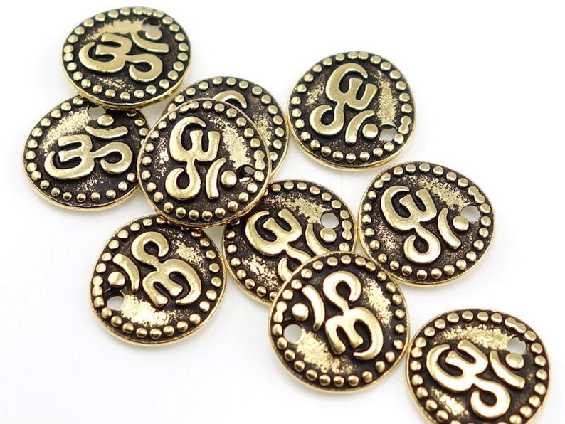 Small Om Charms Gold Charms 11mm Antique Gold Om Coin Charm TierraCast Yoga Charms Mindfulness Meditation Zen Buddhism Buddhist P362 image 1