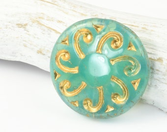 Large 23mm Sun Coin Beads - Aqua Green Opaline Silk with Gold Wash - Sea Blue Green Puffed Coin Czech Glass Beads by Ravens Journey #781