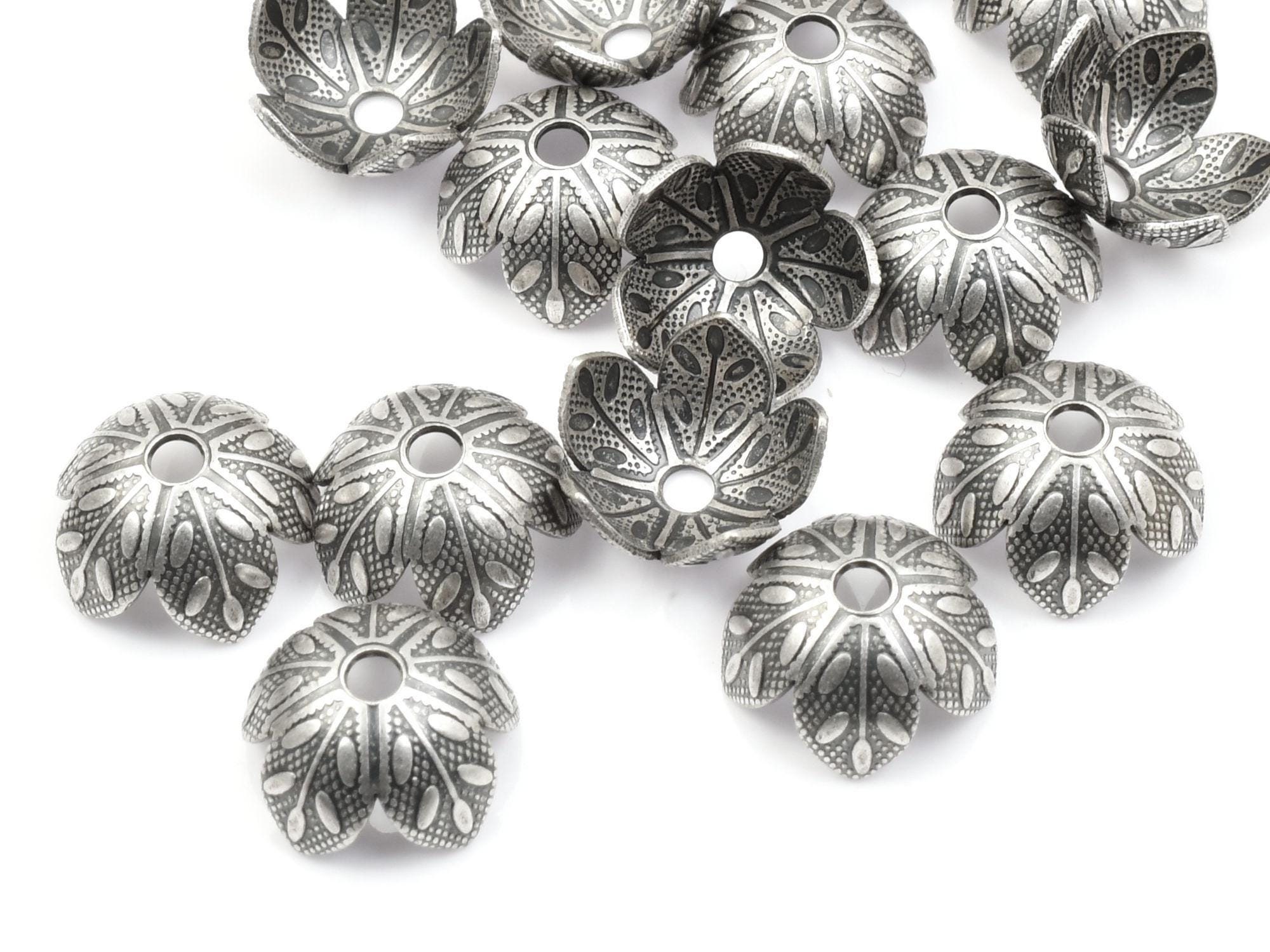 48 9mm Bead Caps - Etched Floral Petal Caps - Dark Antique Silver Bead Caps - Dark Silver Beadcaps FB393