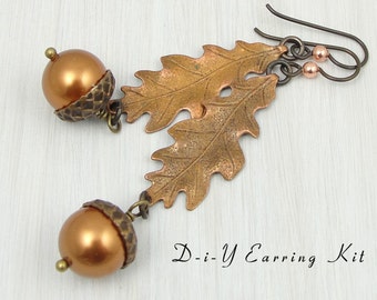 DIY Earring Kit - Oak Leaf and Acorn Earrings - Mixed Metal Fall Jewelry Autumn Earrings - Leaf Jewelry Supplies Kit