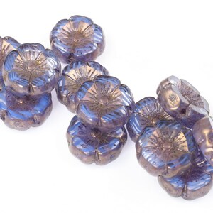 12mm Hibiscus Flower Beads Crystal Sapphire Transparent and Blue Stripe Mix with Bronze Finish Czech Glass Beads Indigo 094 image 3