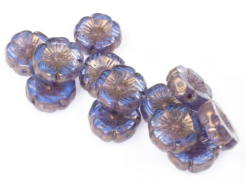 12mm Hibiscus Flower Beads Crystal Sapphire Transparent and Blue Stripe Mix with Bronze Finish Czech Glass Beads Indigo 094 image 3