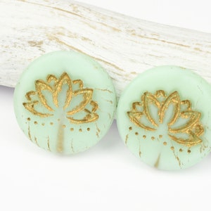 18mm Lotus Bead Czech Glass Coin Shaped Bead Matte Sea Green Silk with Gold Wash Meditation Beads for Zen Yoga Jewelry Making image 2