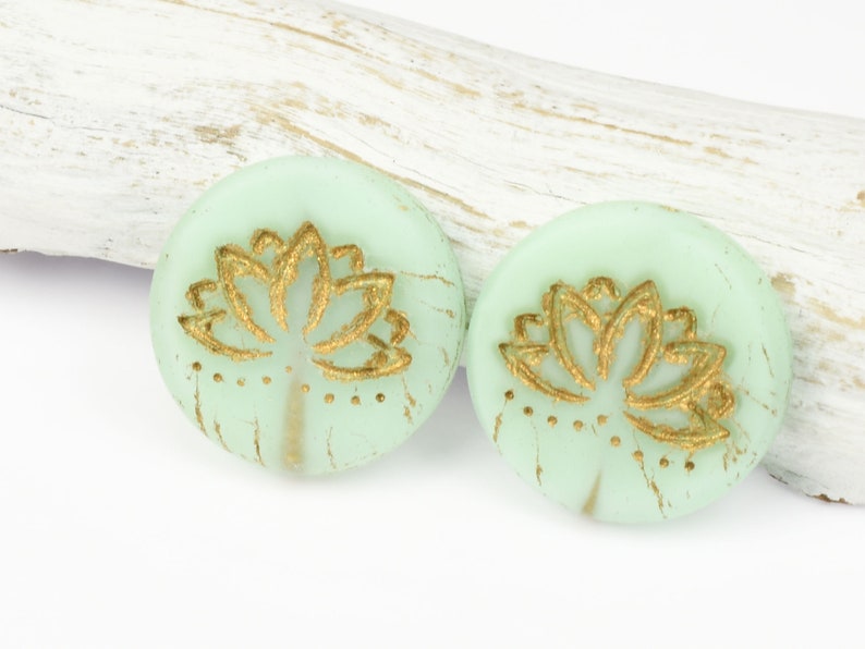 18mm Lotus Bead Czech Glass Coin Shaped Bead Matte Sea Green Silk with Gold Wash Meditation Beads for Zen Yoga Jewelry Making image 2