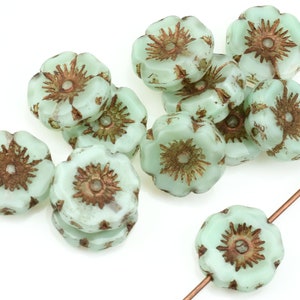 12mm Hibiscus Flower Beads Sea Green Silk with Dark Bronze Wash Mint Green Flower Beads Flat Czech Glass Flower Beads 951 image 2