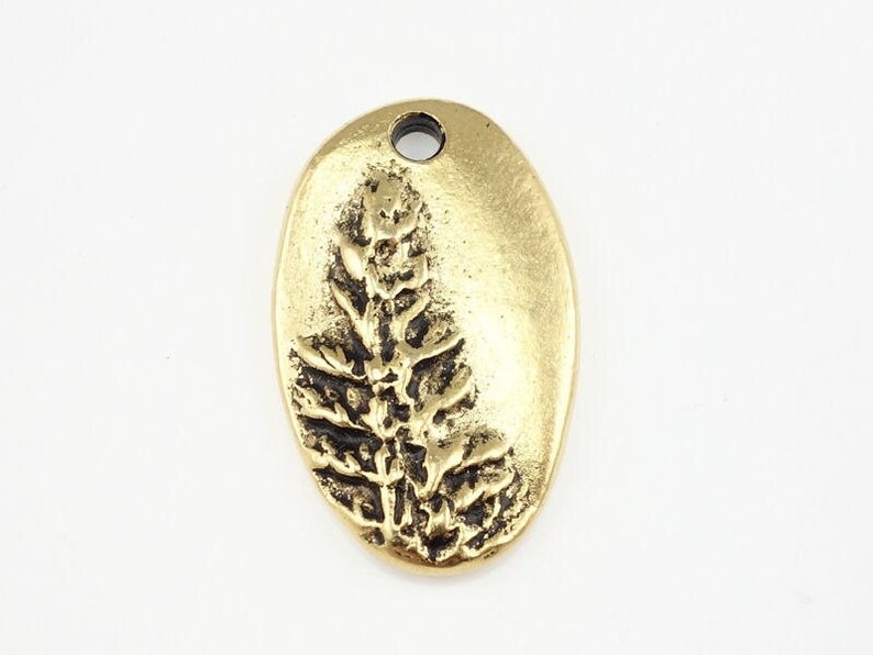 May include: Gold-toned oval pendant with a raised design of a fern leaf.