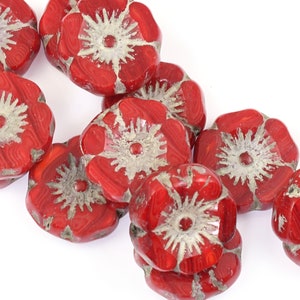 12mm Hibiscus Flower Beads Bright Red Opaline Mix with Light Grey Wash Czech Glass Flower Beads for Spring Jewelry 177 image 3